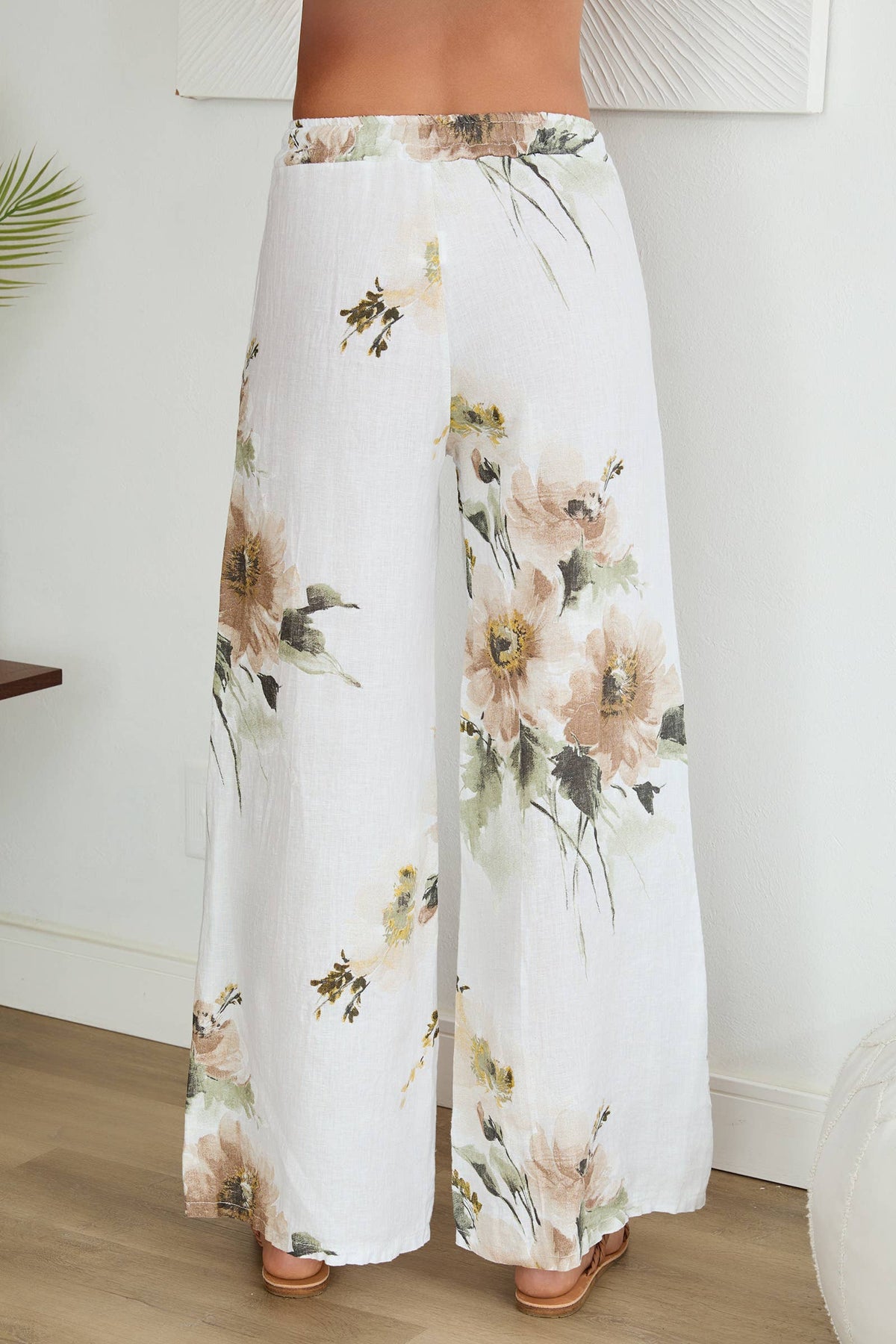 VENTI6 - MAGNOLIA FLOWERS PRINT LINEN WIDE LEG PANTS