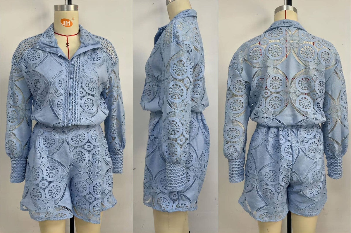 Full Lace Buttoned Blouse with Shorts 2pcs Set