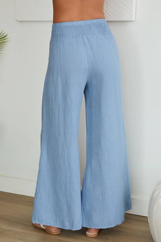 VENTI6 - ELASTIC SMOCKED WAIST LINEN WIDE LEG PANT