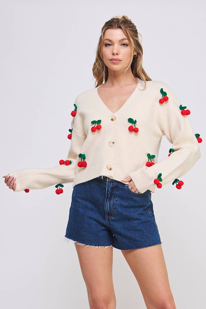 Allie Rose - 3D Cherry Button Front Cardigan