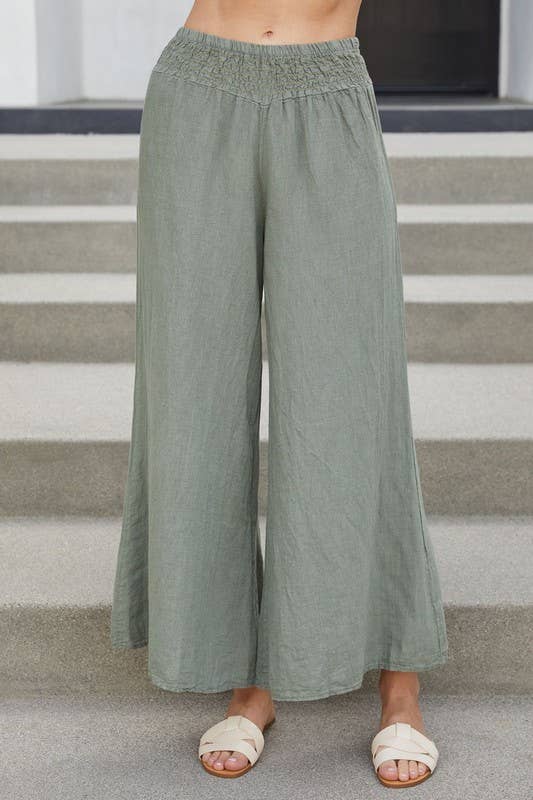 VENTI6 - ELASTIC SMOCKED WAIST LINEN WIDE LEG PANT