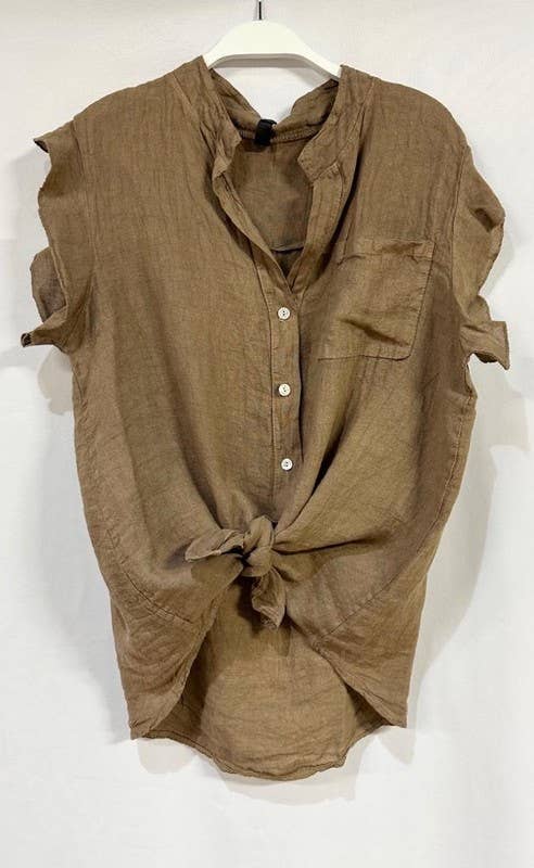 VENTI6 - SHORT SLEEVE CHEST POCKET BUTTON DOWN LINEN TOP (8093)