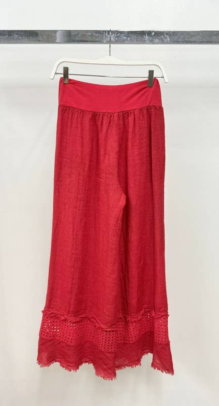 VENTI6 - FRINGE HEM EYELET CONTRAST WIDE LEG LINEN PANTS