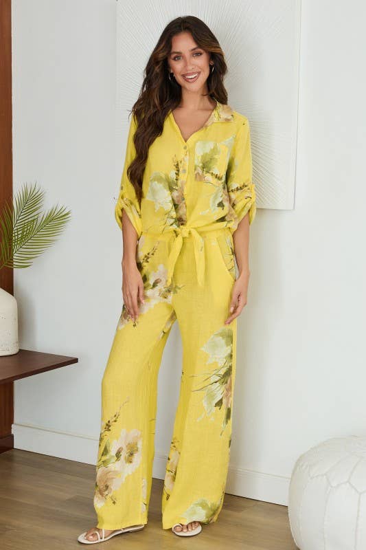 VENTI6 - MAGNOLIA FLOWERS PRINT LINEN WIDE LEG PANTS