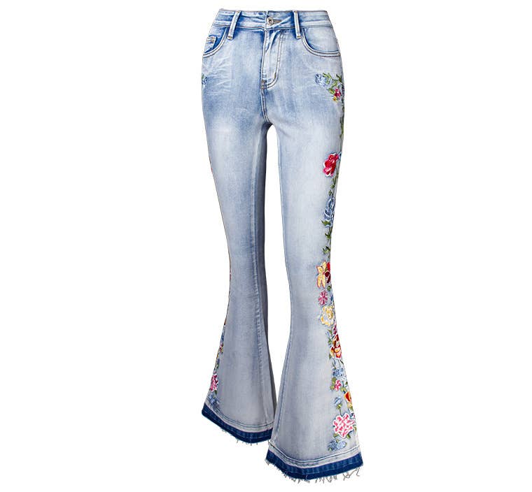 Floral embellished flare light blue jeans