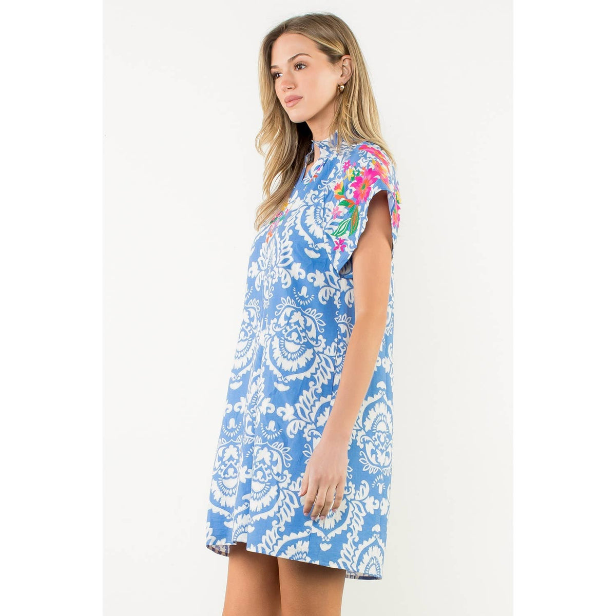 Embroidered Sleeve Split Neck Dress