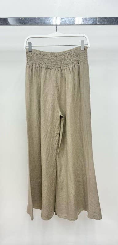 VENTI6 - ELASTIC SMOCKED WAIST LINEN WIDE LEG PANT