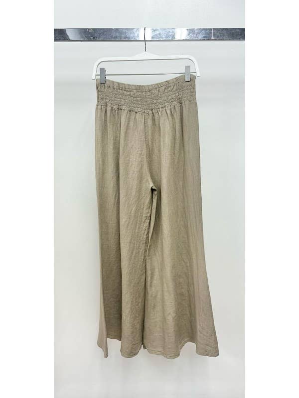 Elastic Smocked Waist Linen Wide Leg Palant