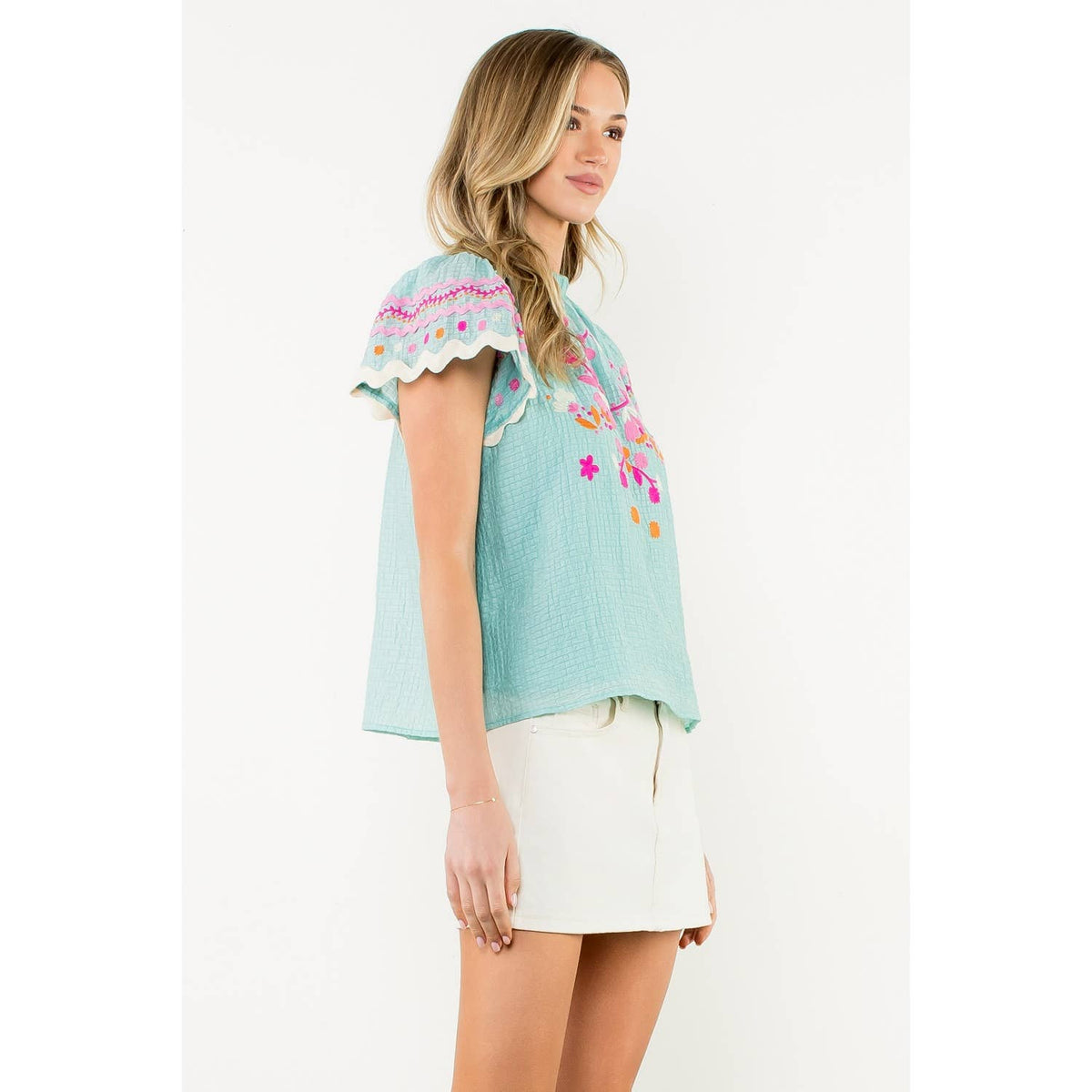 Flutter Sleeve Embroidered Detail Textured Top