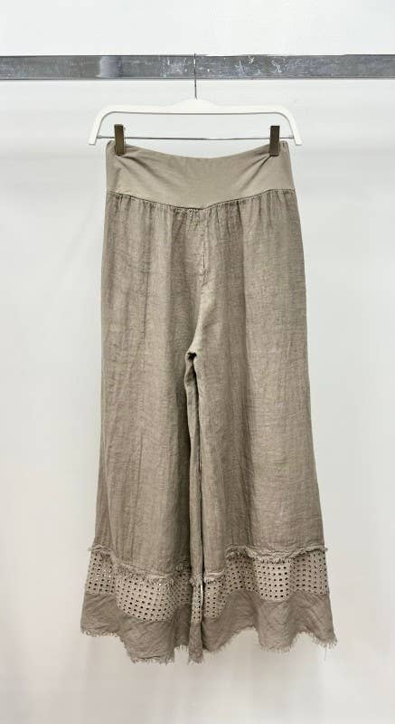 VENTI6 - FRINGE HEM EYELET CONTRAST WIDE LEG LINEN PANTS