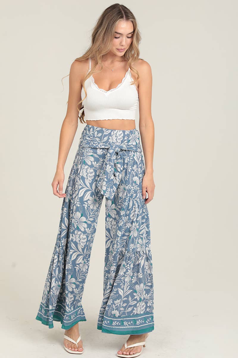 Blue Tie Waist Wide Leg Pants
