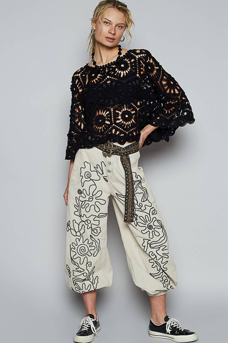 Pol Clothing - Round neck 3/4 sleeve crochet cropped top