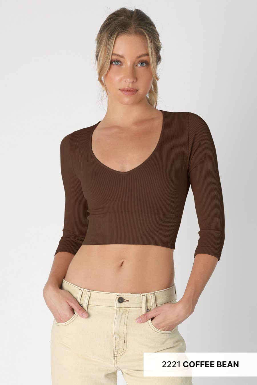 NIKIBIKI  Ribbed 3/4 Sleeve V Neck Crop Top