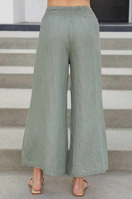 VENTI6 - ELASTIC SMOCKED WAIST LINEN WIDE LEG PANT