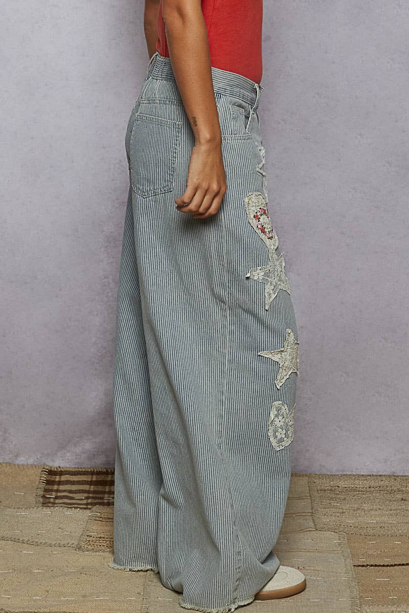 Pol Clothing - Embroidery solid floral wide denim pants
