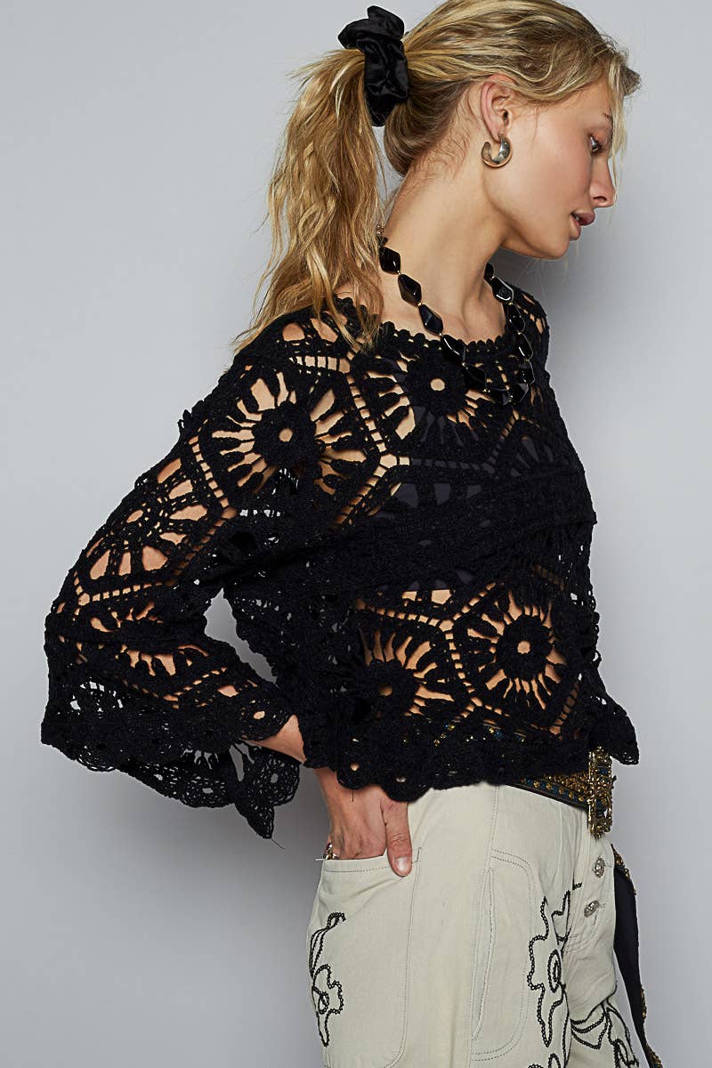 Pol Clothing - Round neck 3/4 sleeve crochet cropped top