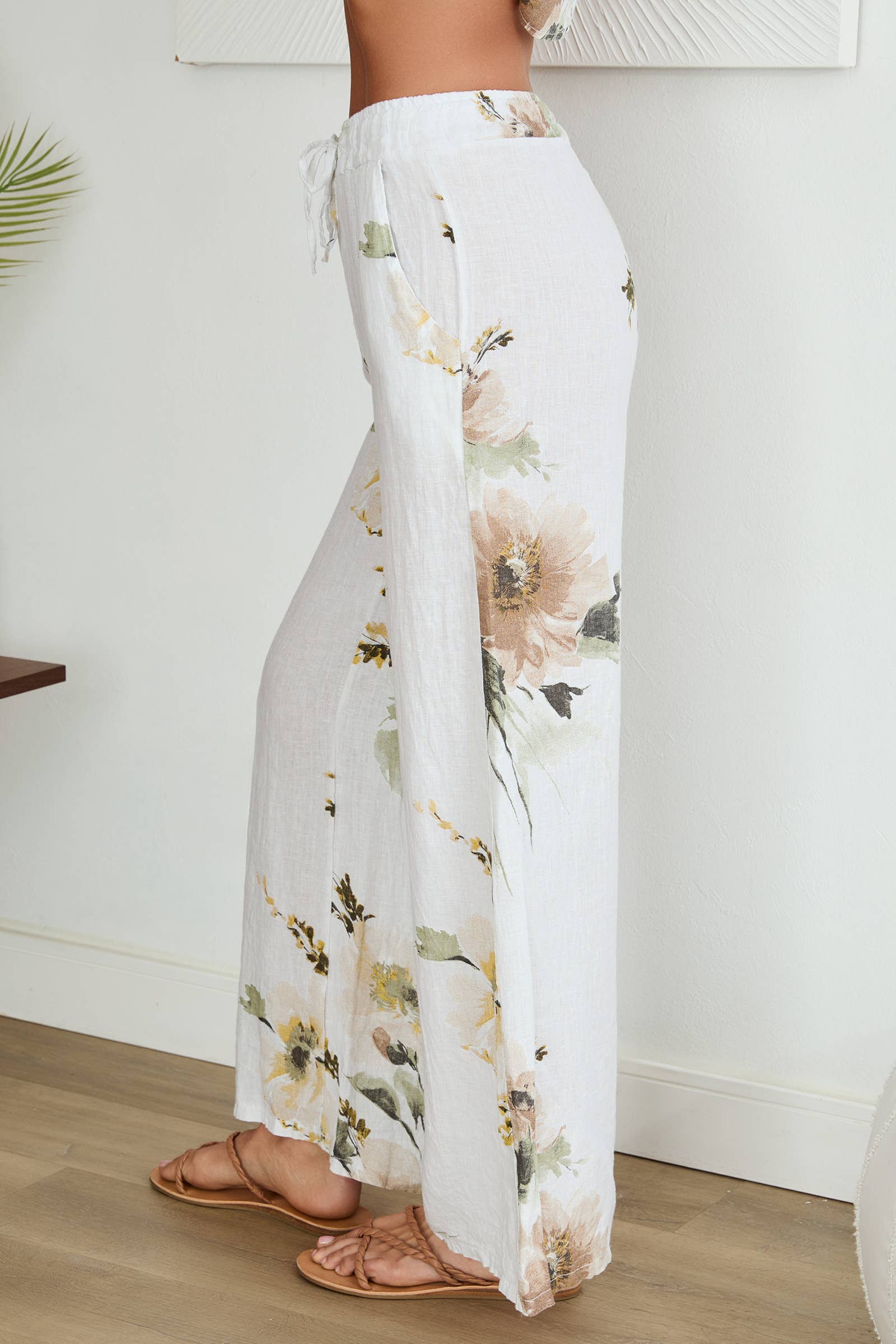 VENTI6 - MAGNOLIA FLOWERS PRINT LINEN WIDE LEG PANTS
