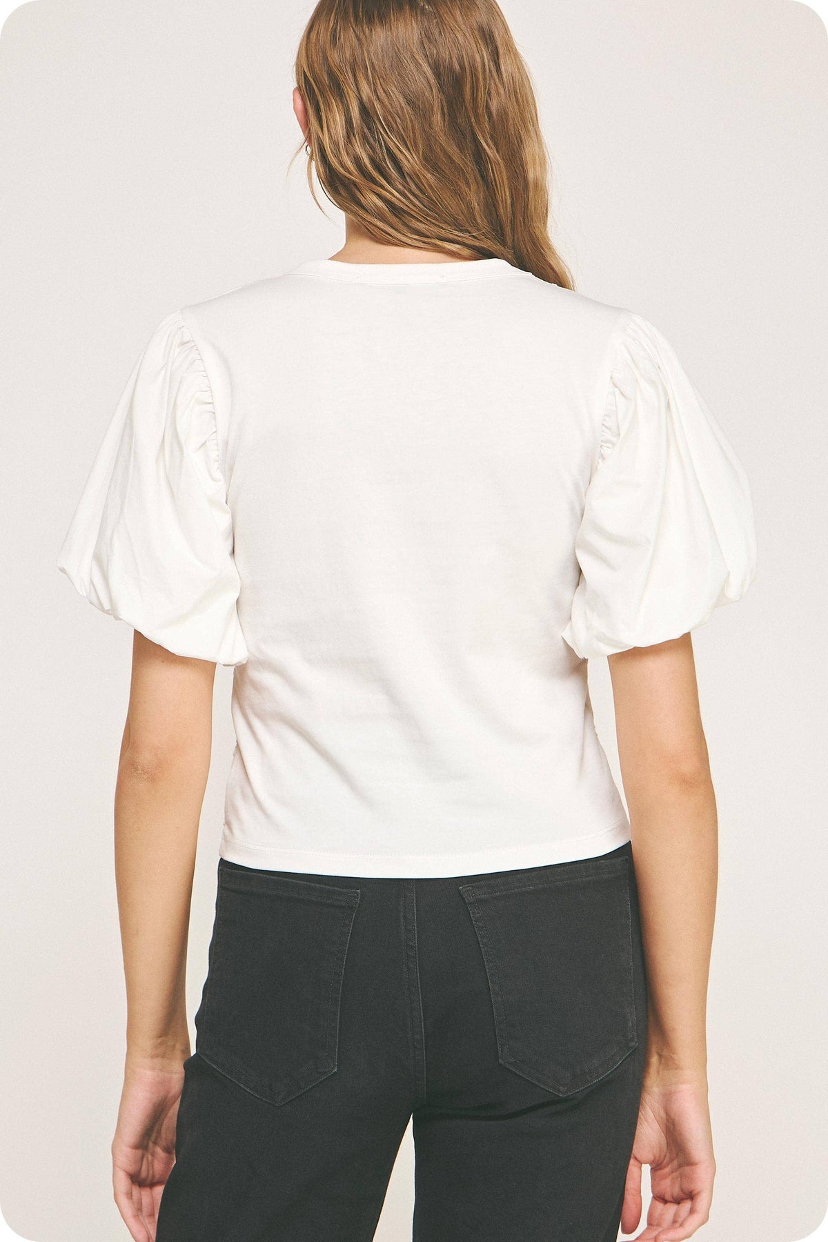 Flower Embossed Puff Sleeve Tee Top