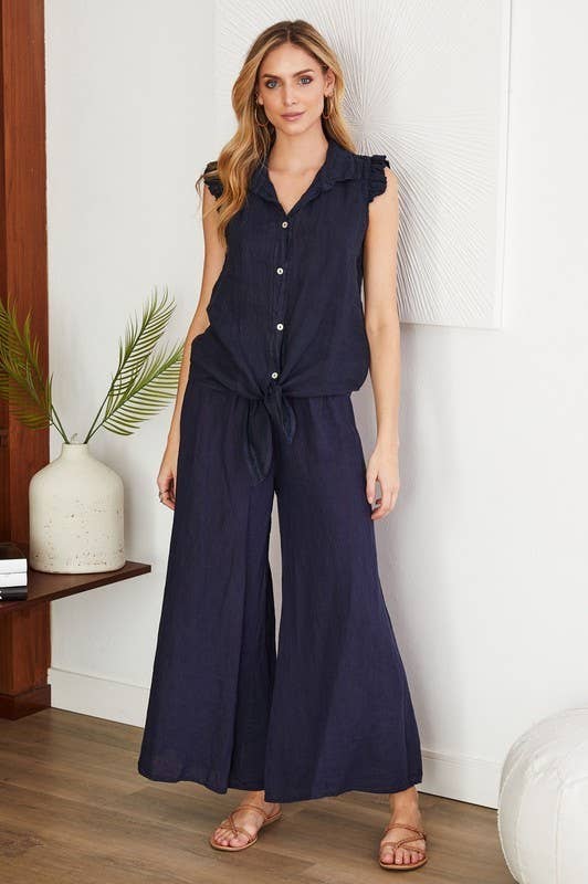 VENTI6 - ELASTIC SMOCKED WAIST LINEN WIDE LEG PANT