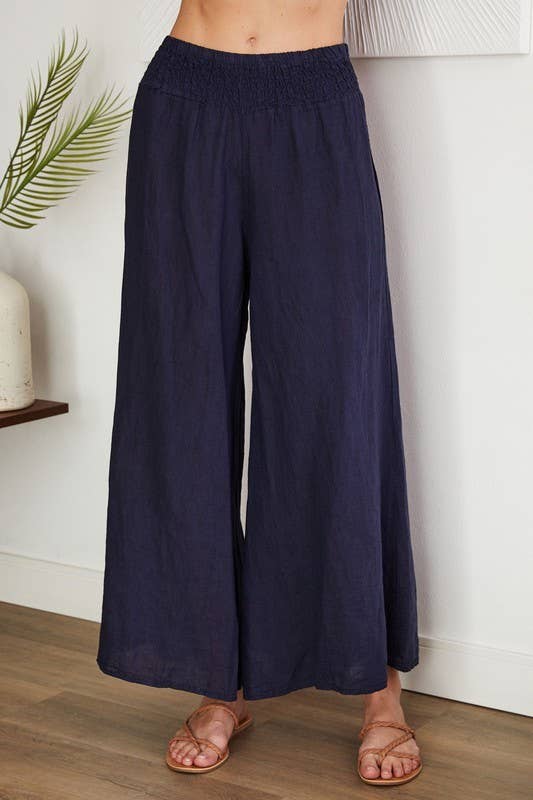 VENTI6 - ELASTIC SMOCKED WAIST LINEN WIDE LEG PANT