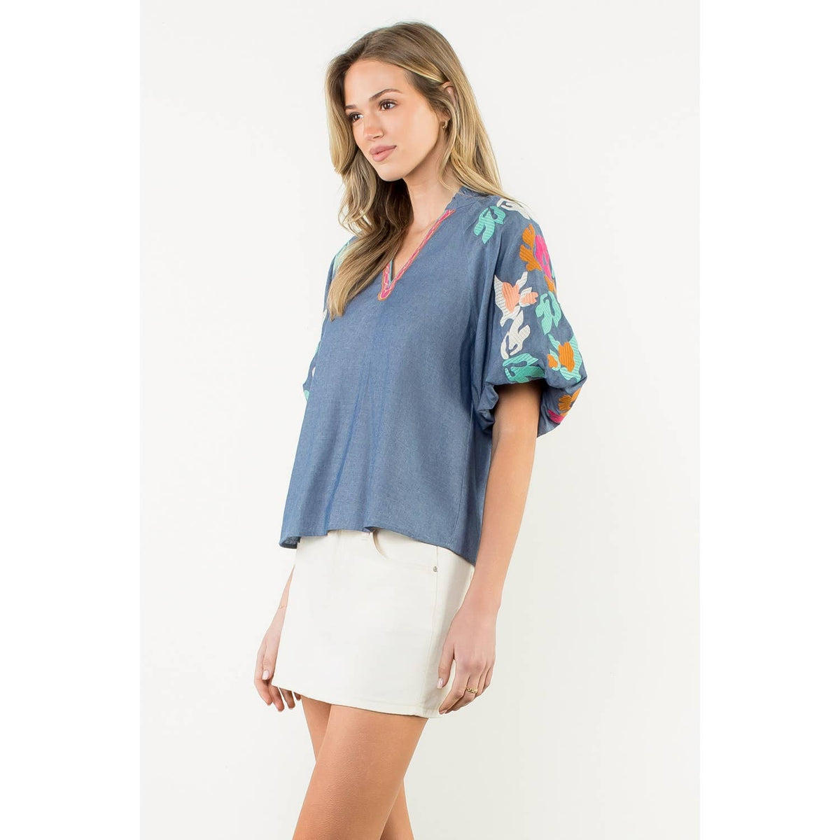Embroidered Puff Sleeve V-Neck Top