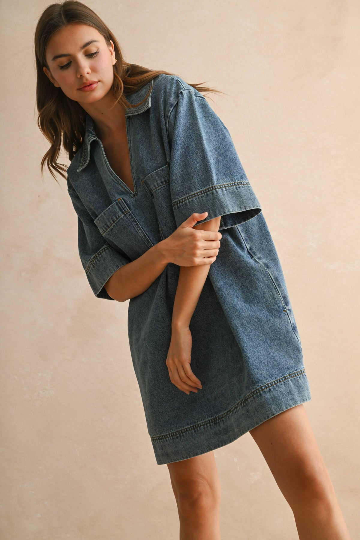 SHELLY V-NECK DENIM TUNIC DRESS