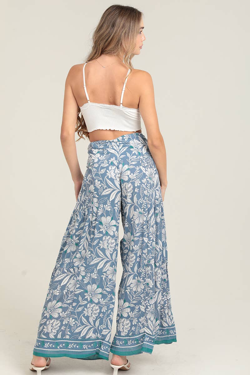 Blue Tie Waist Wide Leg Pants