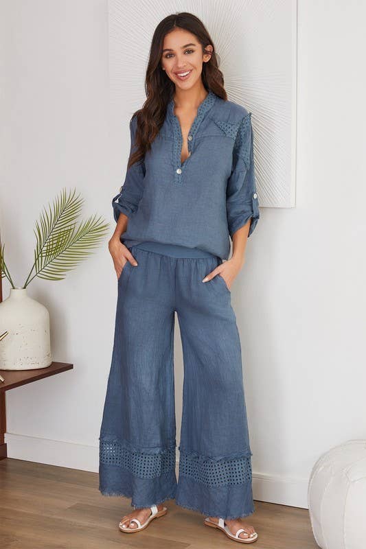 VENTI6 - FRINGE HEM EYELET CONTRAST WIDE LEG LINEN PANTS