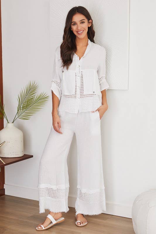 VENTI6 - FRINGE HEM EYELET CONTRAST WIDE LEG LINEN PANTS