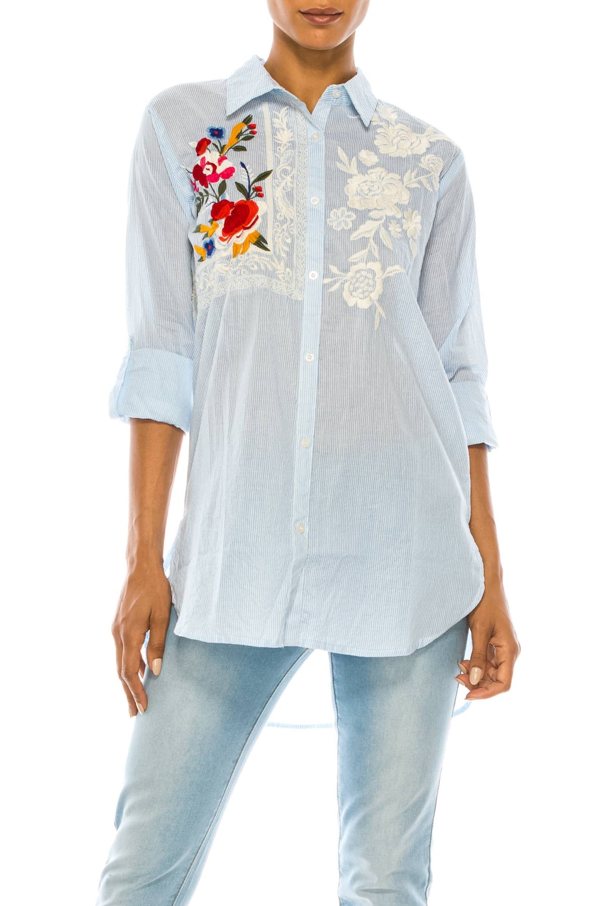 Embroidered Button Down - Stripes Of Blue In Bloom