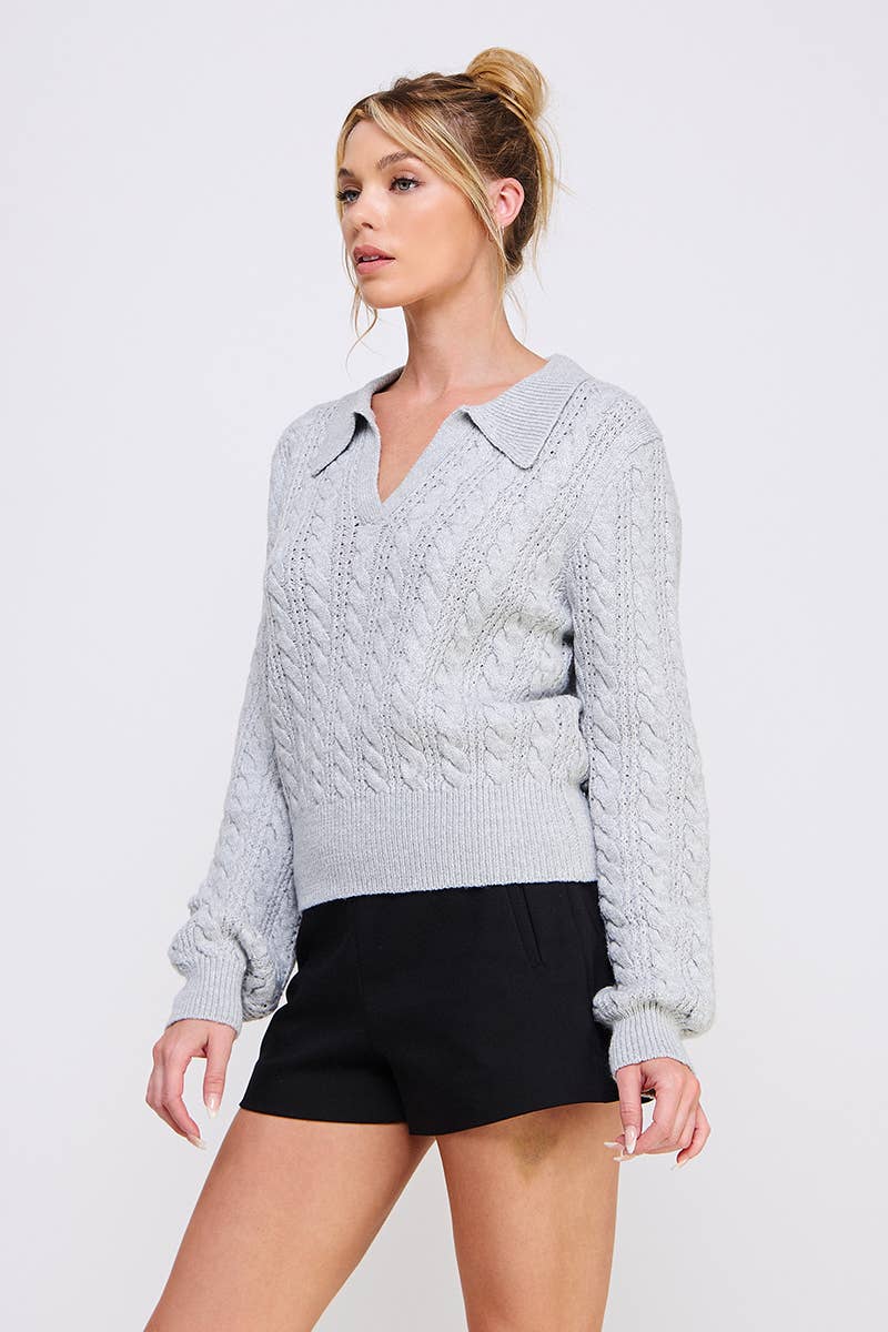 Allie Rose - Cable Knit Johnny Collar Pullover