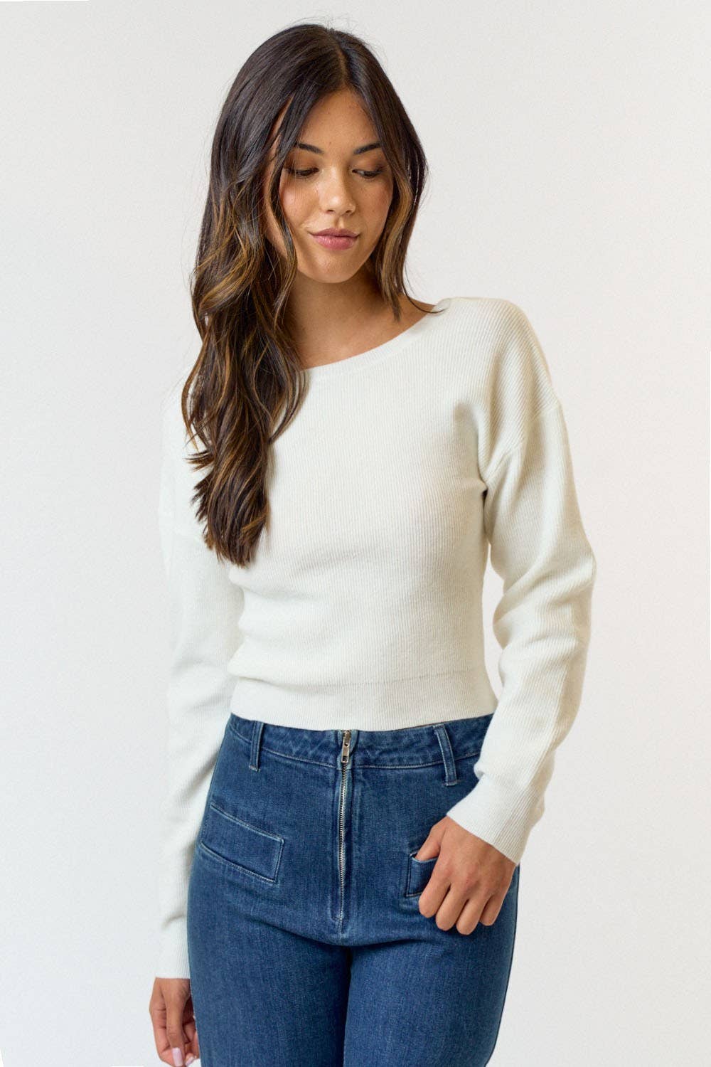 RIBBED OVERLAP BACK TIE SWEATER TOP