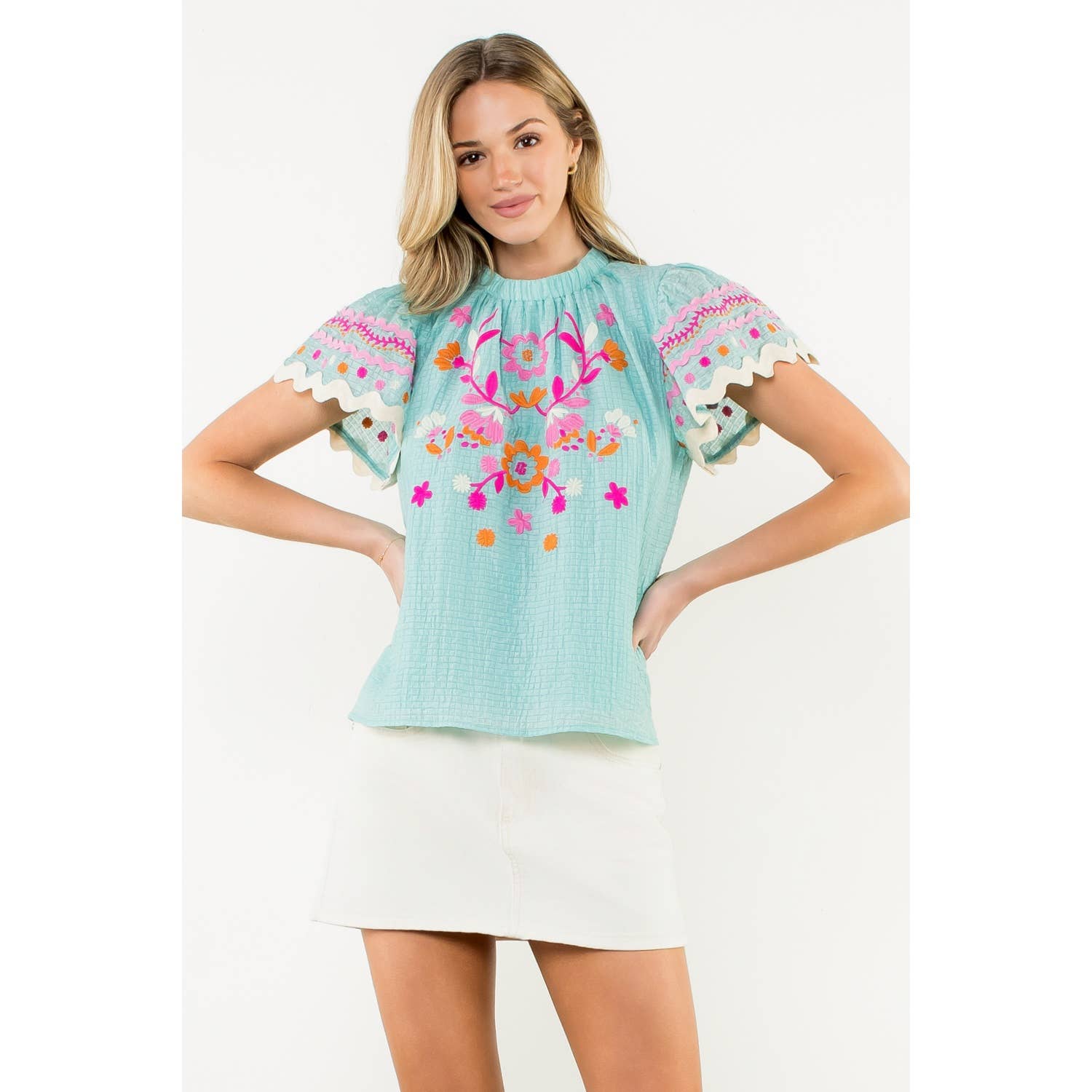 Flutter Sleeve Embroidered Detail Textured Top