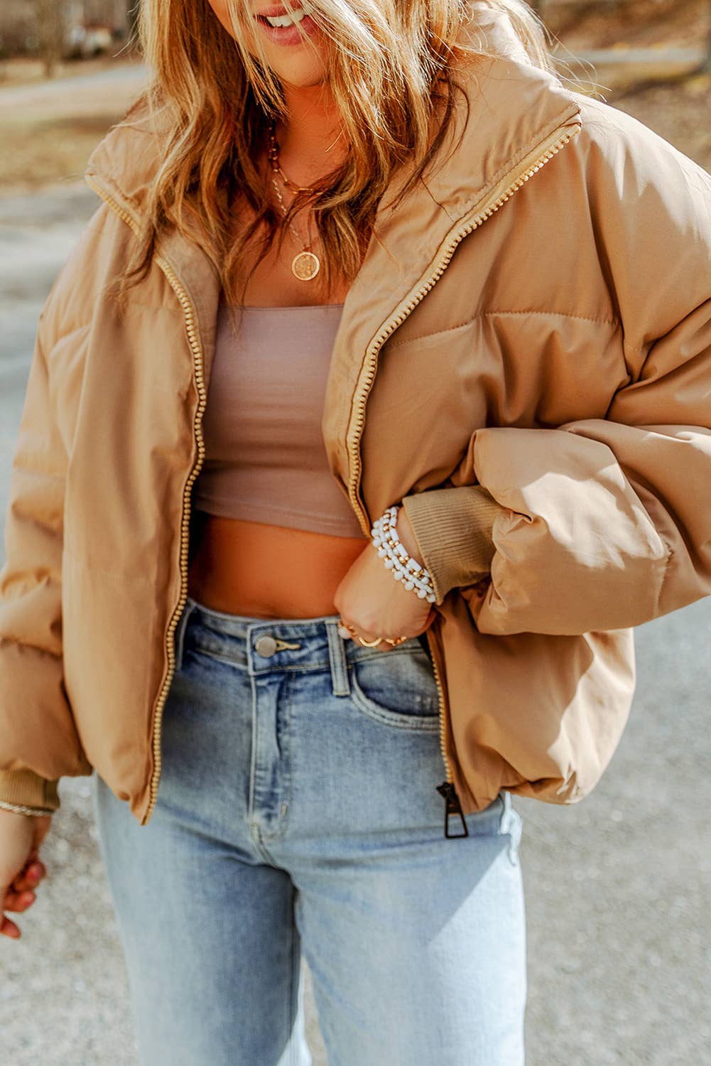 1 the Woman - Zip Up Pocketed Puffer Coat