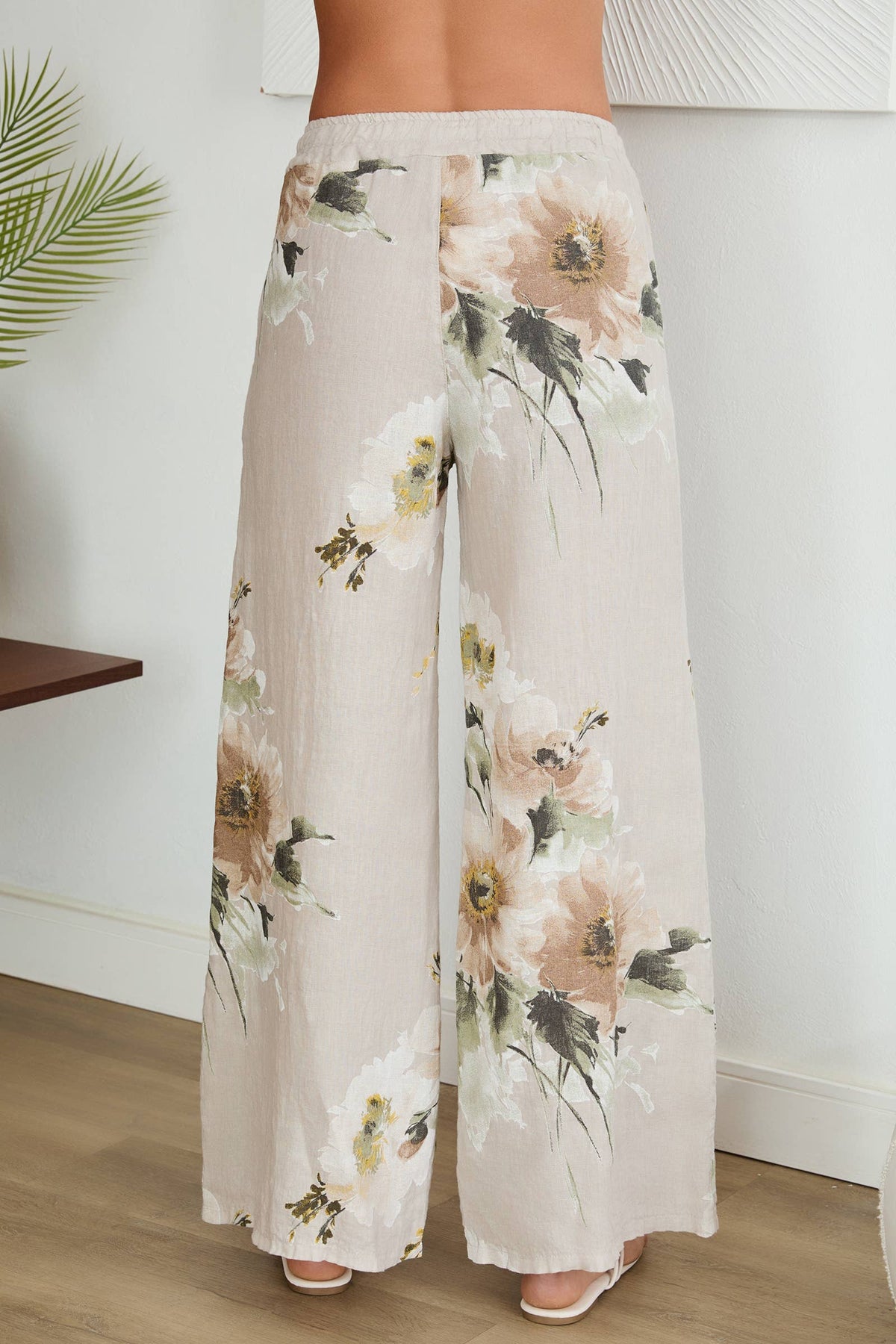 VENTI6 - MAGNOLIA FLOWERS PRINT LINEN WIDE LEG PANTS