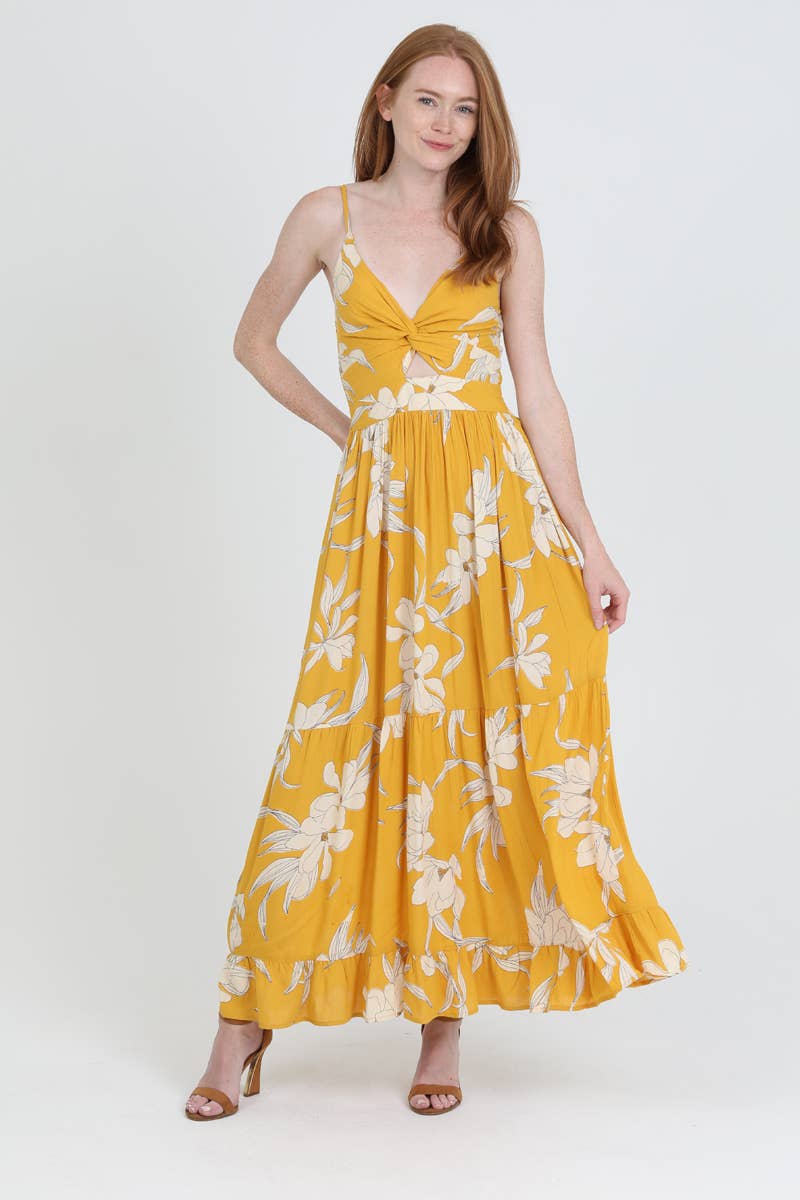 YELLOW ANGIE V NECK TWIST FRONT CUT OUT MAXI DRESS