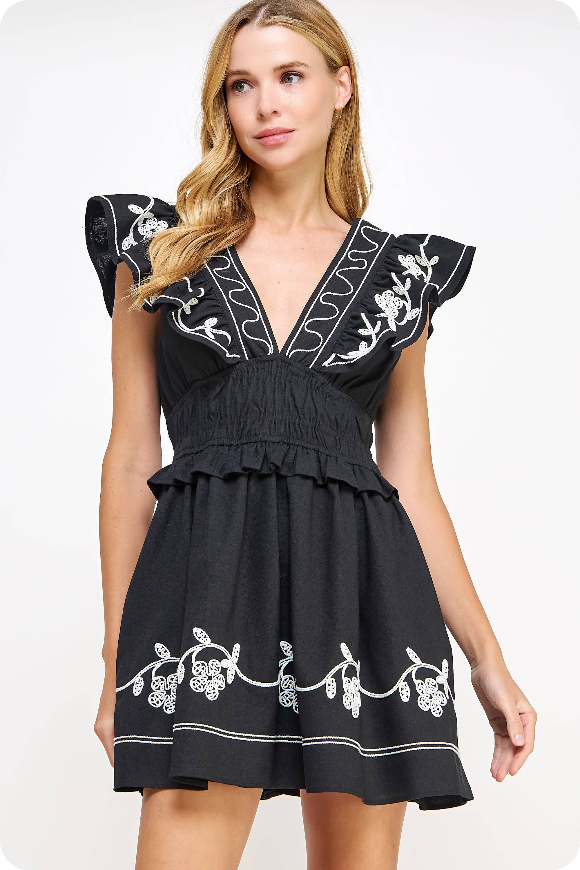 Strut & Bolt - Embroidery Detail Ruffle Linen Mini Dress