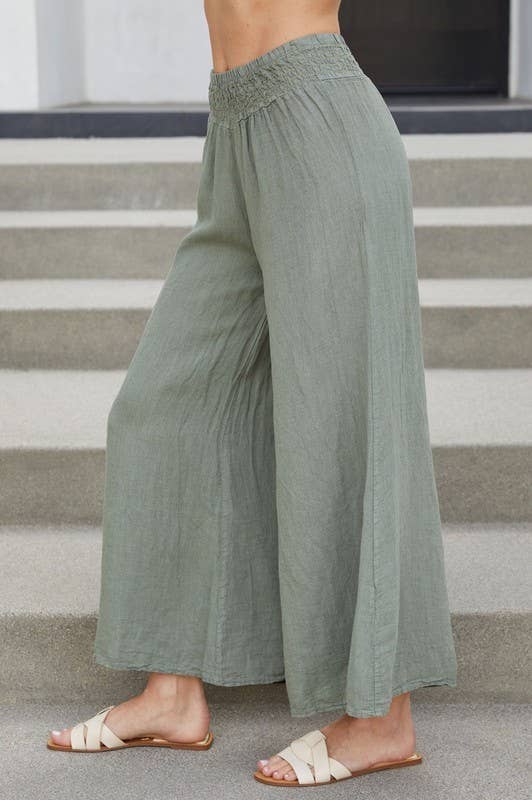 VENTI6 - ELASTIC SMOCKED WAIST LINEN WIDE LEG PANT