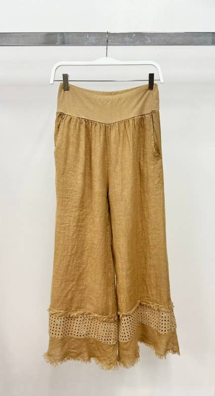 VENTI6 - FRINGE HEM EYELET CONTRAST WIDE LEG LINEN PANTS