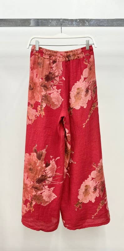 VENTI6 - MAGNOLIA FLOWERS PRINT LINEN WIDE LEG PANTS