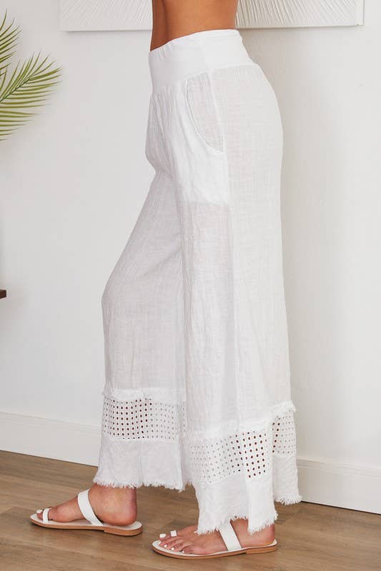 VENTI6 - FRINGE HEM EYELET CONTRAST WIDE LEG LINEN PANTS