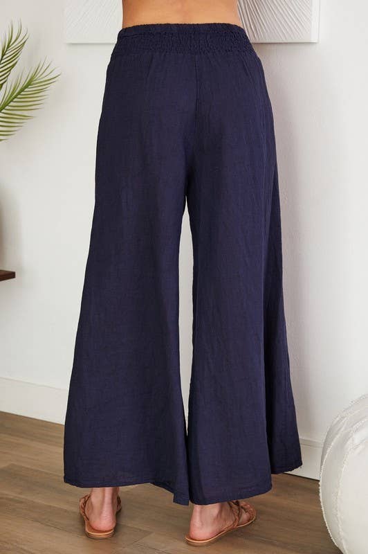 VENTI6 - ELASTIC SMOCKED WAIST LINEN WIDE LEG PANT