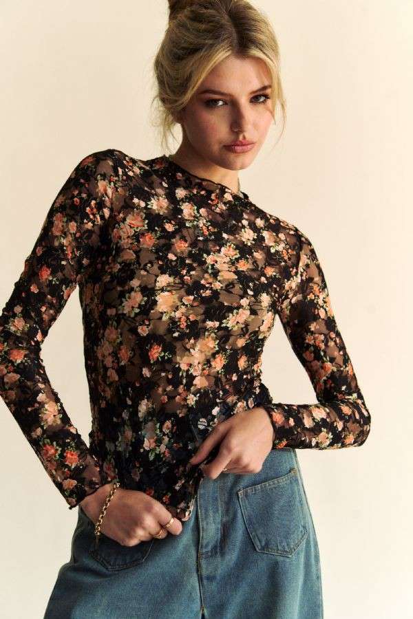 Floral print mesh top