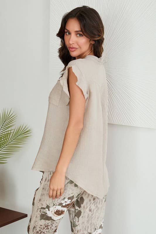 VENTI6 - SHORT SLEEVE CHEST POCKET BUTTON DOWN LINEN TOP (8093)