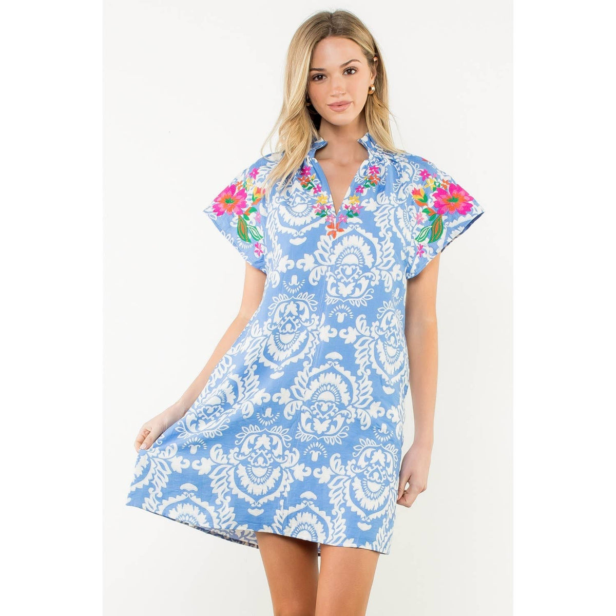 Embroidered Sleeve Split Neck Dress