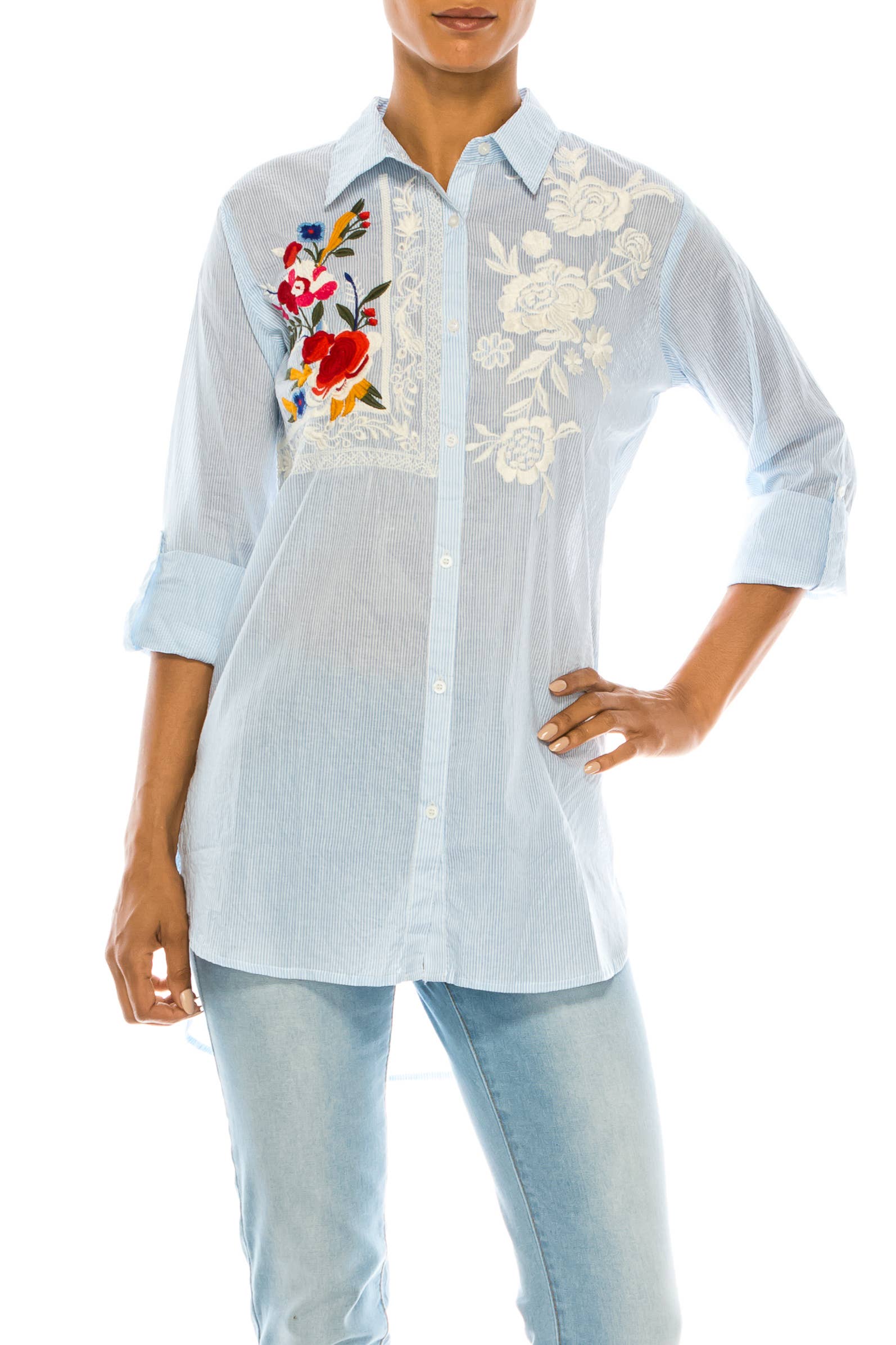 Embroidered Button Down - Stripes Of Blue In Bloom