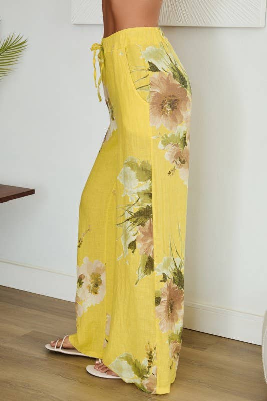 VENTI6 - MAGNOLIA FLOWERS PRINT LINEN WIDE LEG PANTS