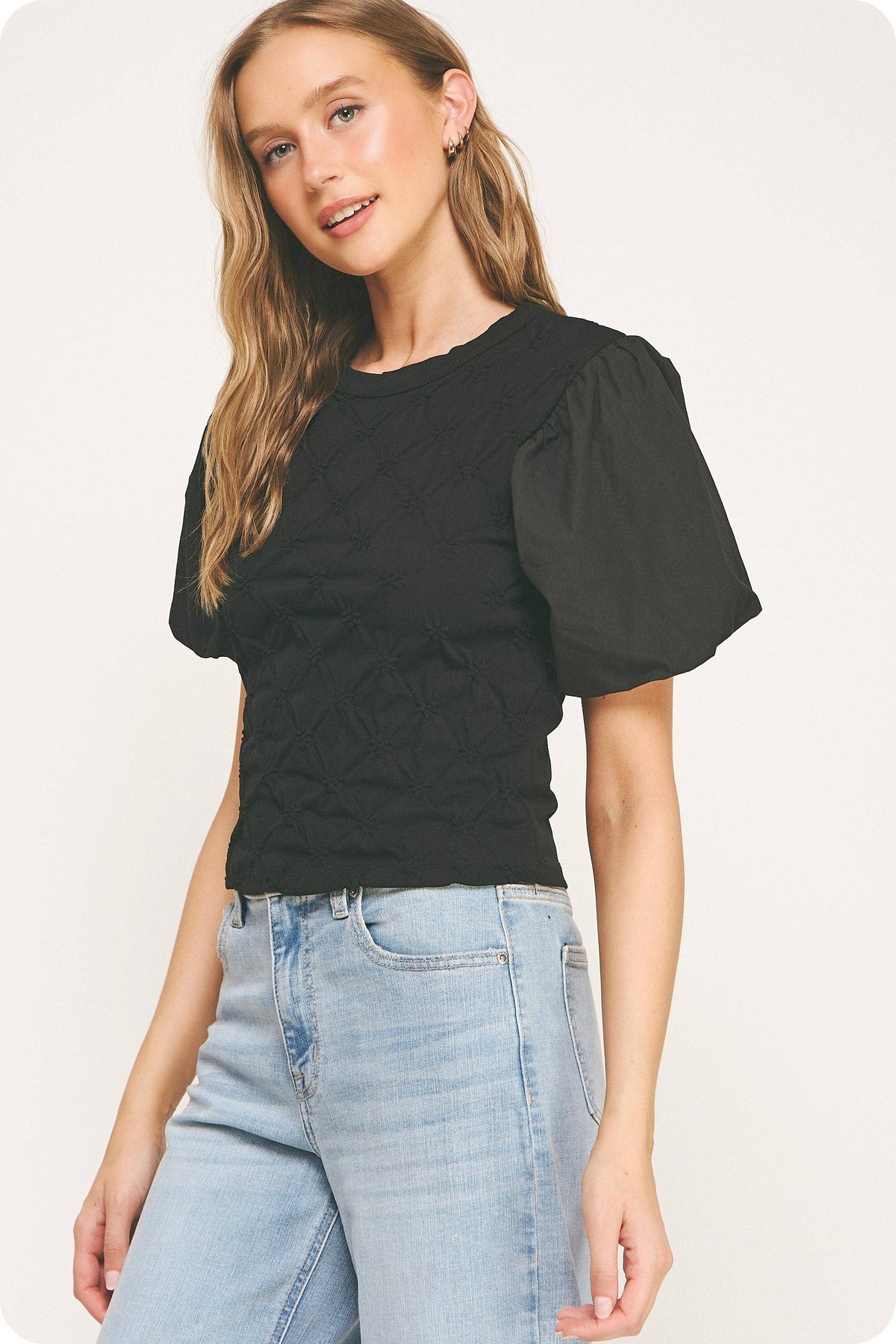 Flower Embossed Puff Sleeve Tee Top