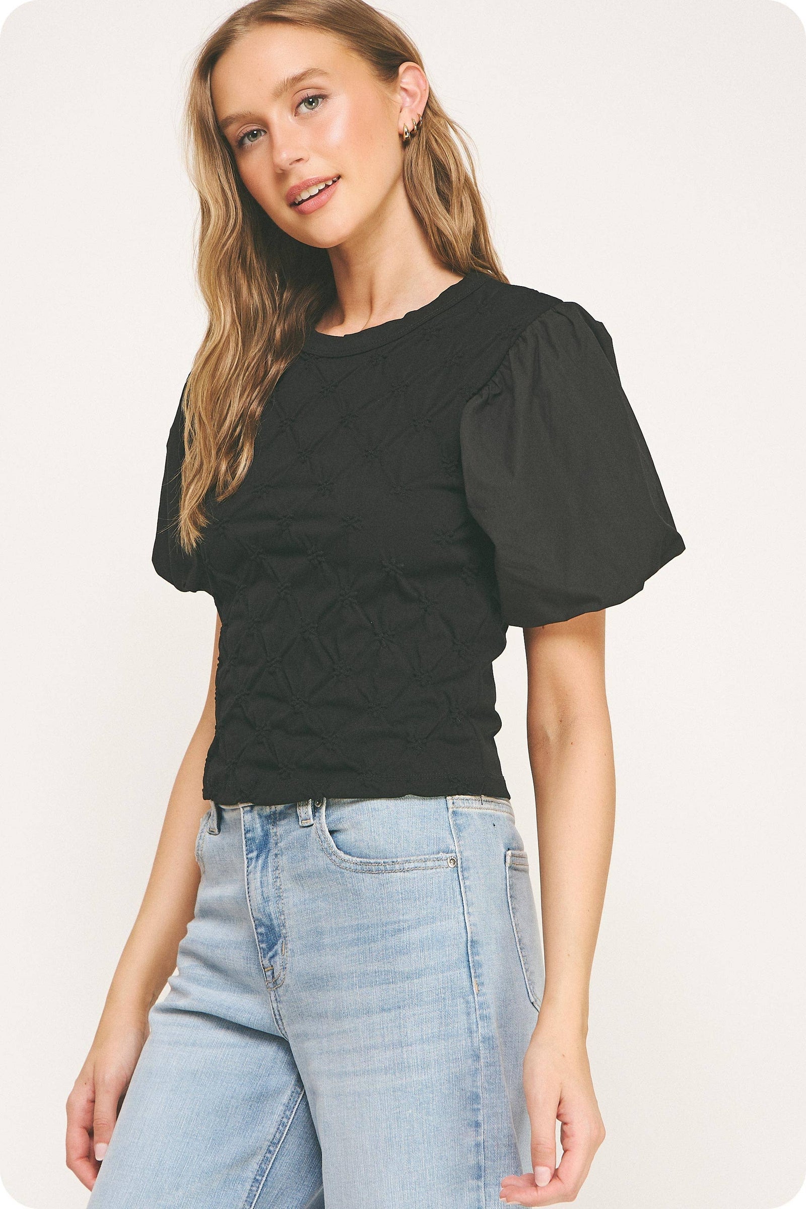 Flower Embossed Puff Sleeve Tee Top