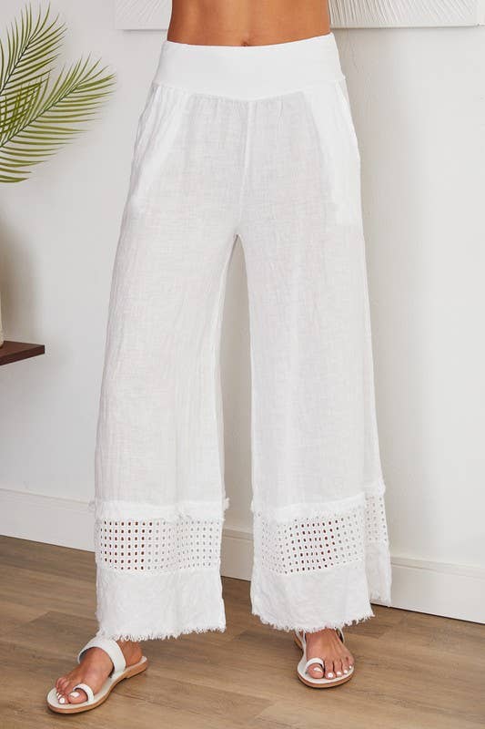VENTI6 - FRINGE HEM EYELET CONTRAST WIDE LEG LINEN PANTS